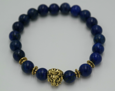 Natursteinperlen Armband dunkelblau mit goldfarbenem Löwenkopf